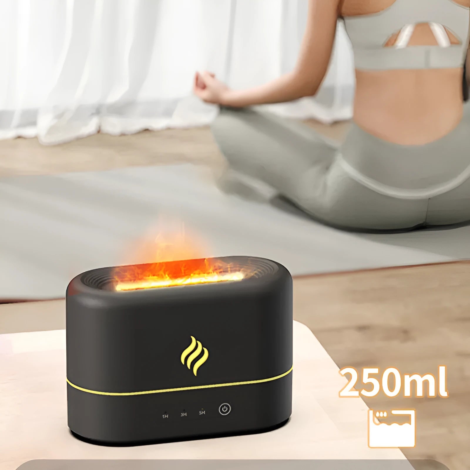 Black USB mist humidifier with seven-colour flame effect on wooden table