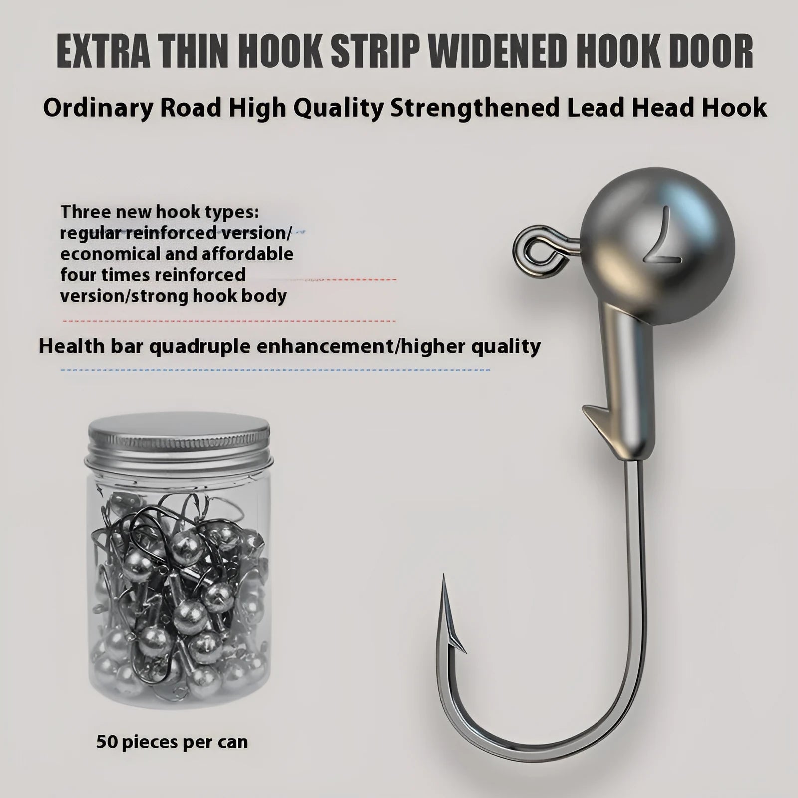 Pack of 50 lead-headed steel jig hooks in primary colours, size 7G, for soft plastic bait fishing.