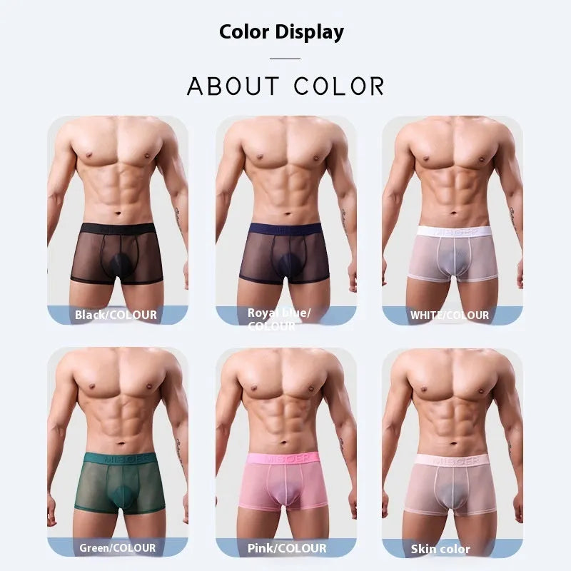 Men's thin invisible boxer shorts in black, white, sapphire blue, skin colour, green, and pink colours