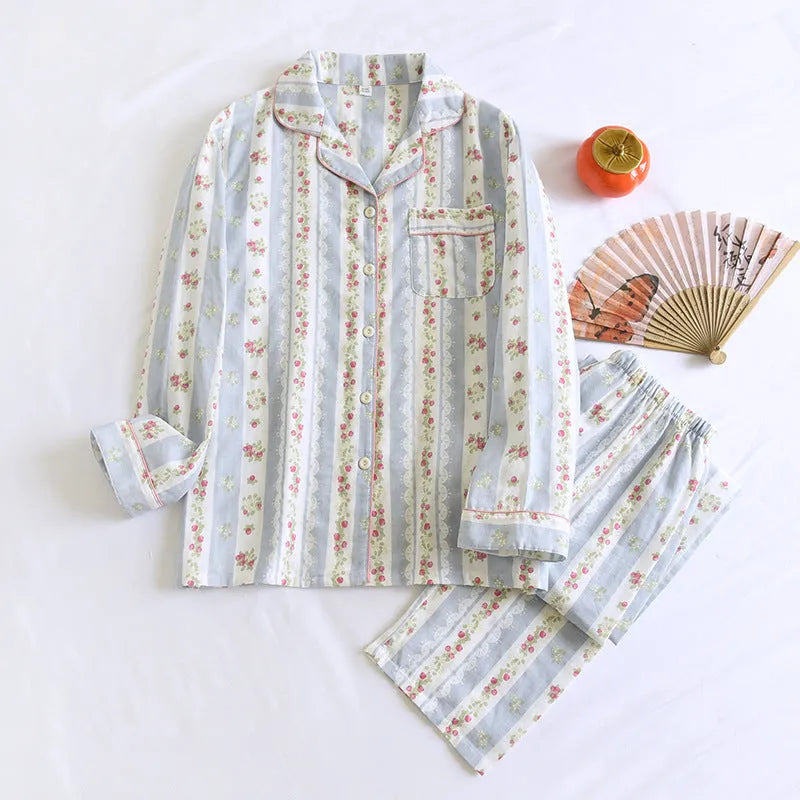 Women's cotton gauze loungewear set with long-sleeved top and trousers in a colour stripes print.