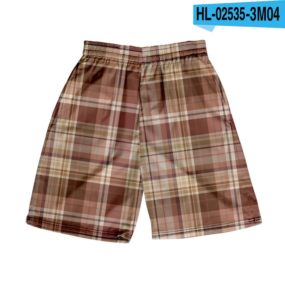 Man wearing straight-fit plaid casual shorts with an elastic waistband.