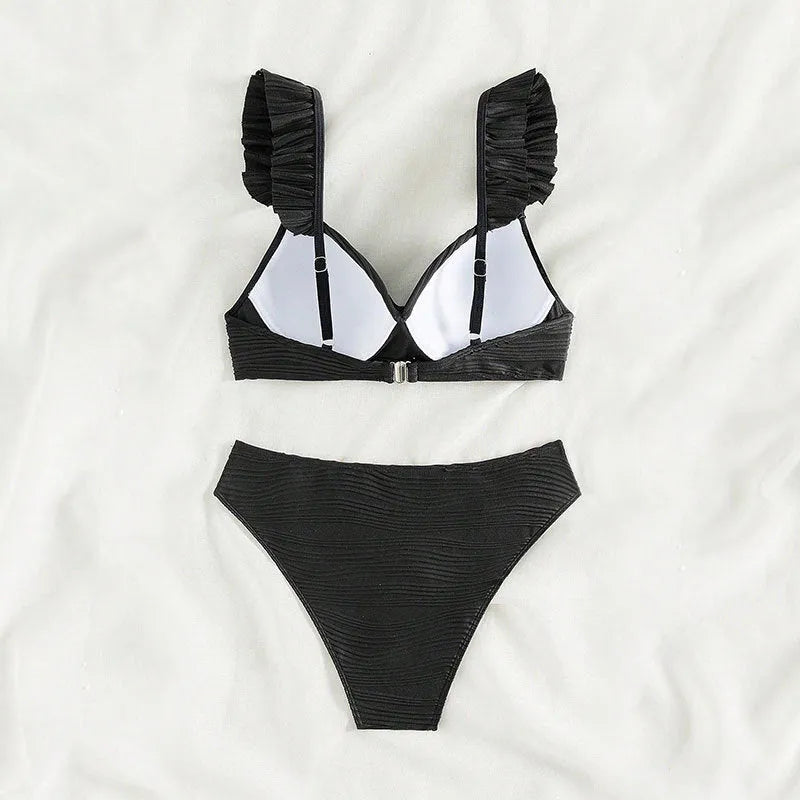 Solid colour women's bikini swimsuit set on a hanger, shown in black and khaki colour options.