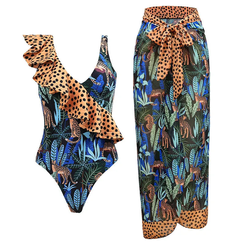 Women's solid colour one-piece swimsuit with spaghetti straps and matching skirt