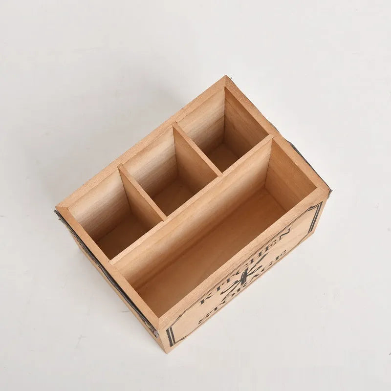 Wooden kitchen storage box with grid compartments for knives forks chopsticks