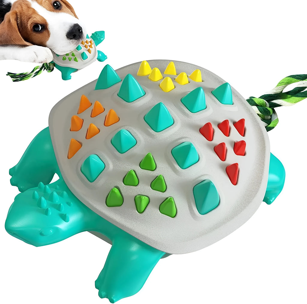 Natural rubber dog toothbrush chew toy with dinosaur knot tail design in assorted colour options
