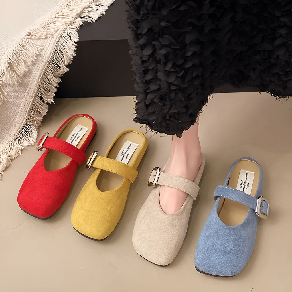 Women's flat closed toe half slippers in yellow, blue, apricot and red colours with square head design