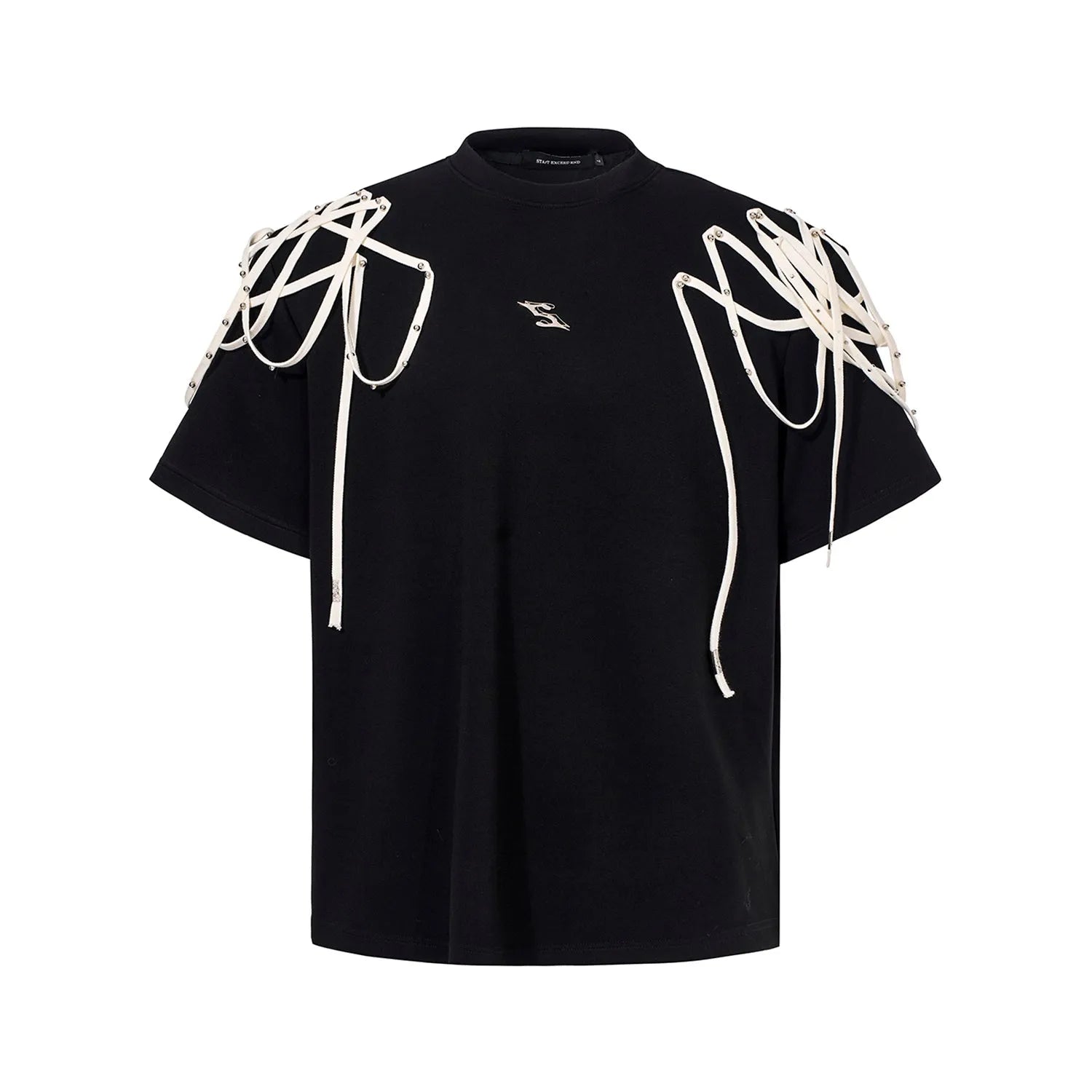 Black loose fit T-shirt with padded shoulders featuring decorative rivet detailing and ribbed texture