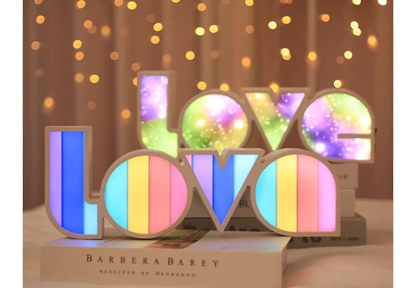 LED decorative light with rainbow lampshade displaying LOVE lettering for Valentine's Day decoration