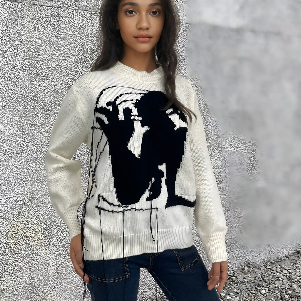 Women's loose fit alpaca wool sweater with abstract tassel design in grey colour
