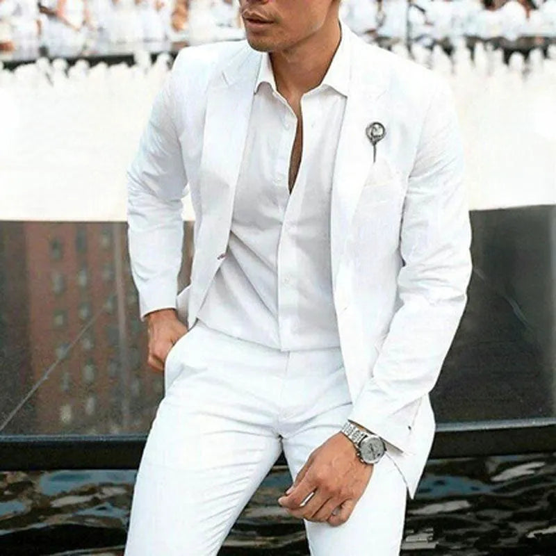 White slim-fit men's two-piece suit for wedding groomsman with Asian sizing options