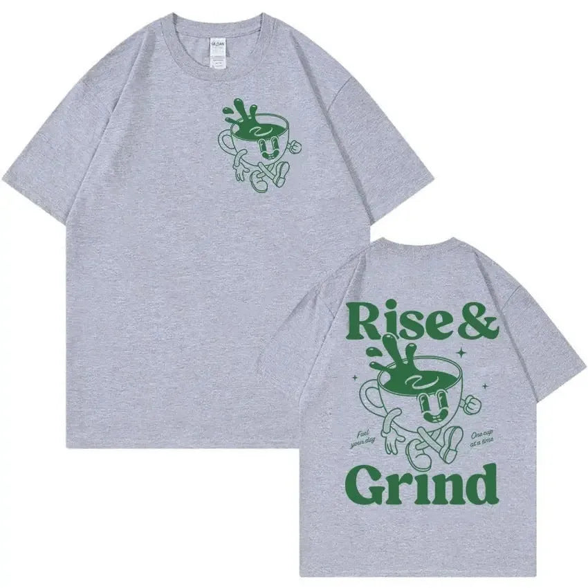Loose fit men's linen T-shirt with a cartoon graphic of a green coffee bag and 'Rise And Grind' text.