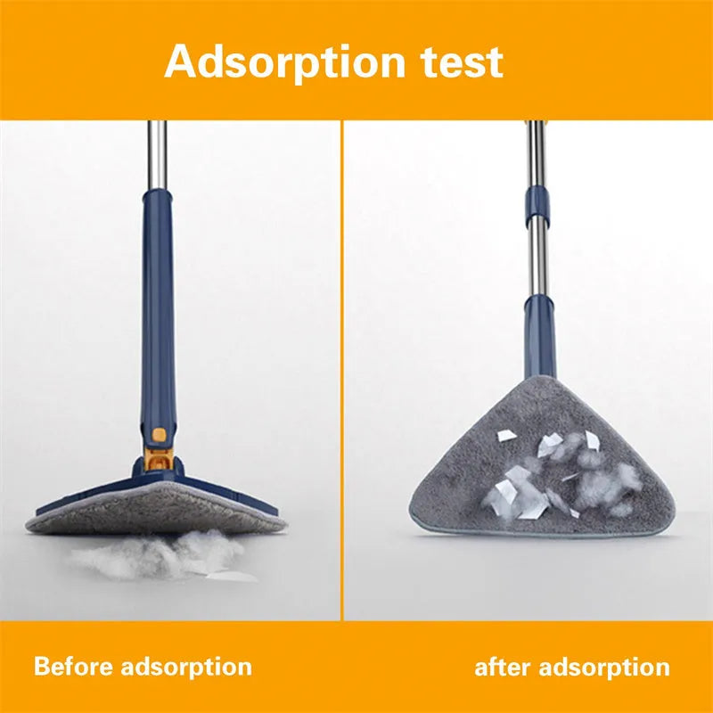 Blue extendable triangle cleaning mop with 360° rotating head and stainless steel pole