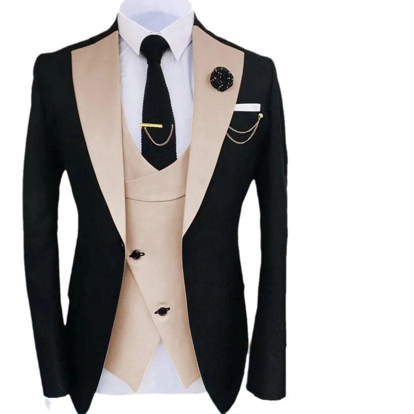 Men's slim fit three-piece business suit in cotton for weddings with vest and trousers