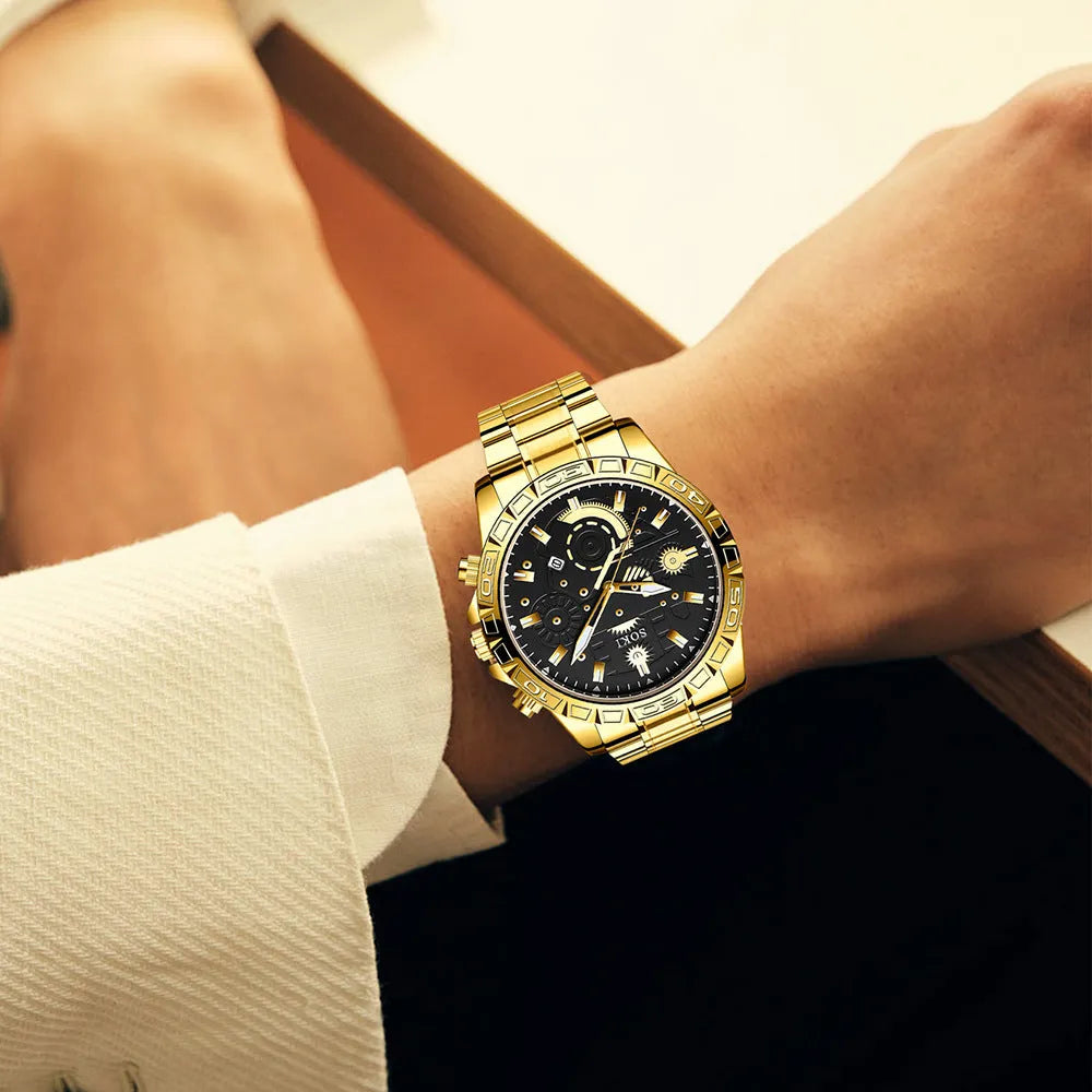 Gold-coloured men's stainless steel quartz watch with business styling and 10mm thickness