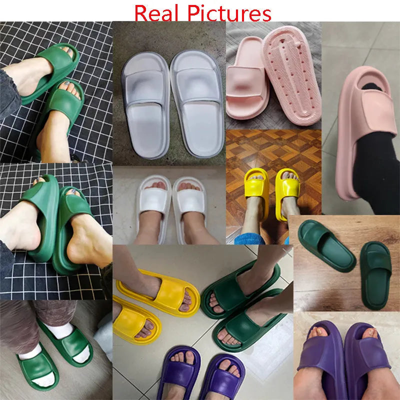 Soft EVA flip-flop slippers with a thick sole, shown in multiple colours including black, pink, and grey.
