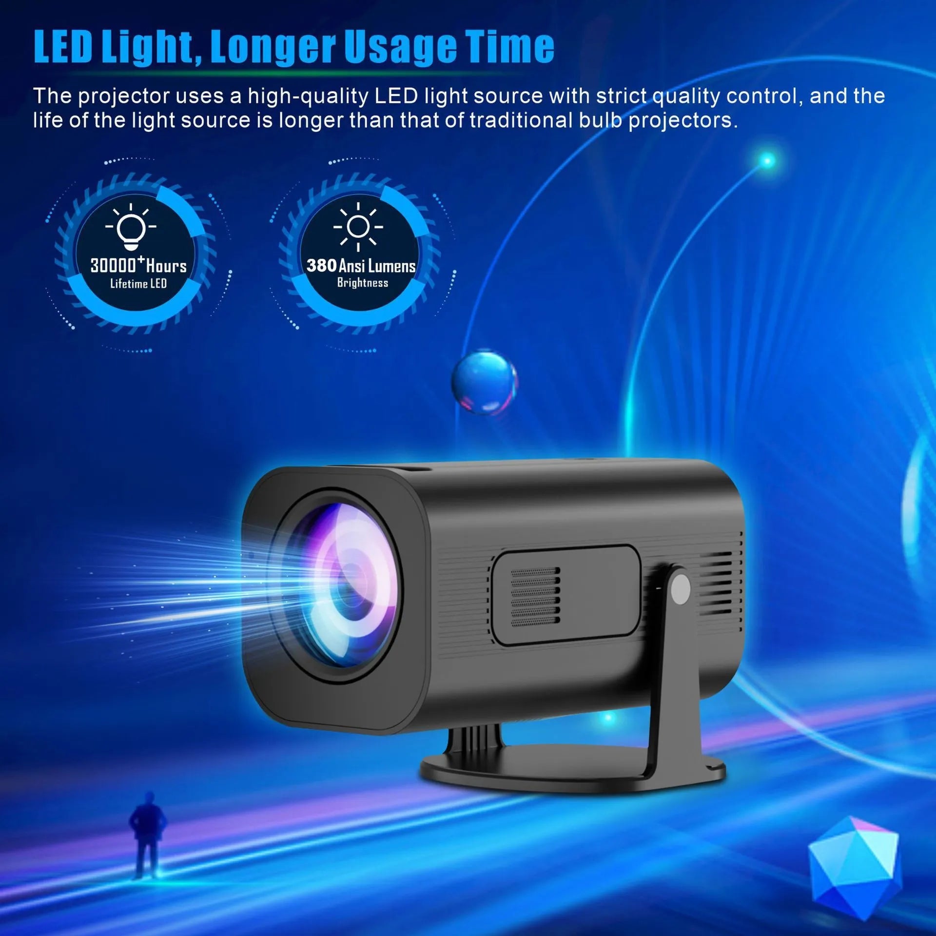 P330 portable mini projector in black or white with remote control on a table