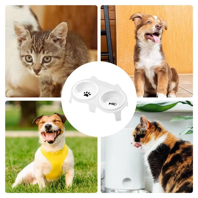 Blue ceramic cat food and water bowls sitting in a white elevated tilted stand with a hook