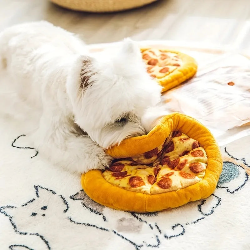 Yellow pizza and teddy bear dual-design dog chewing toy with squeaker