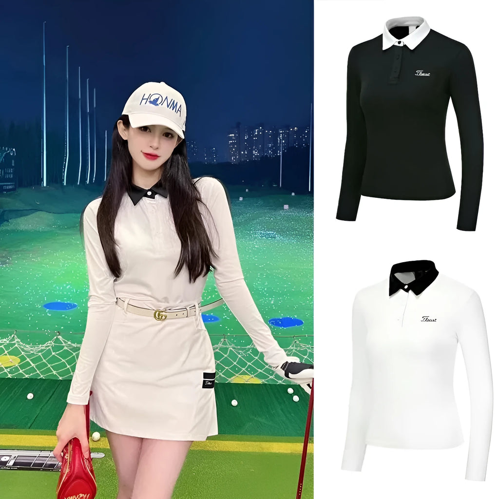 Women's long sleeve golf top in black with slim athletic fit for outdoor sports sun protection