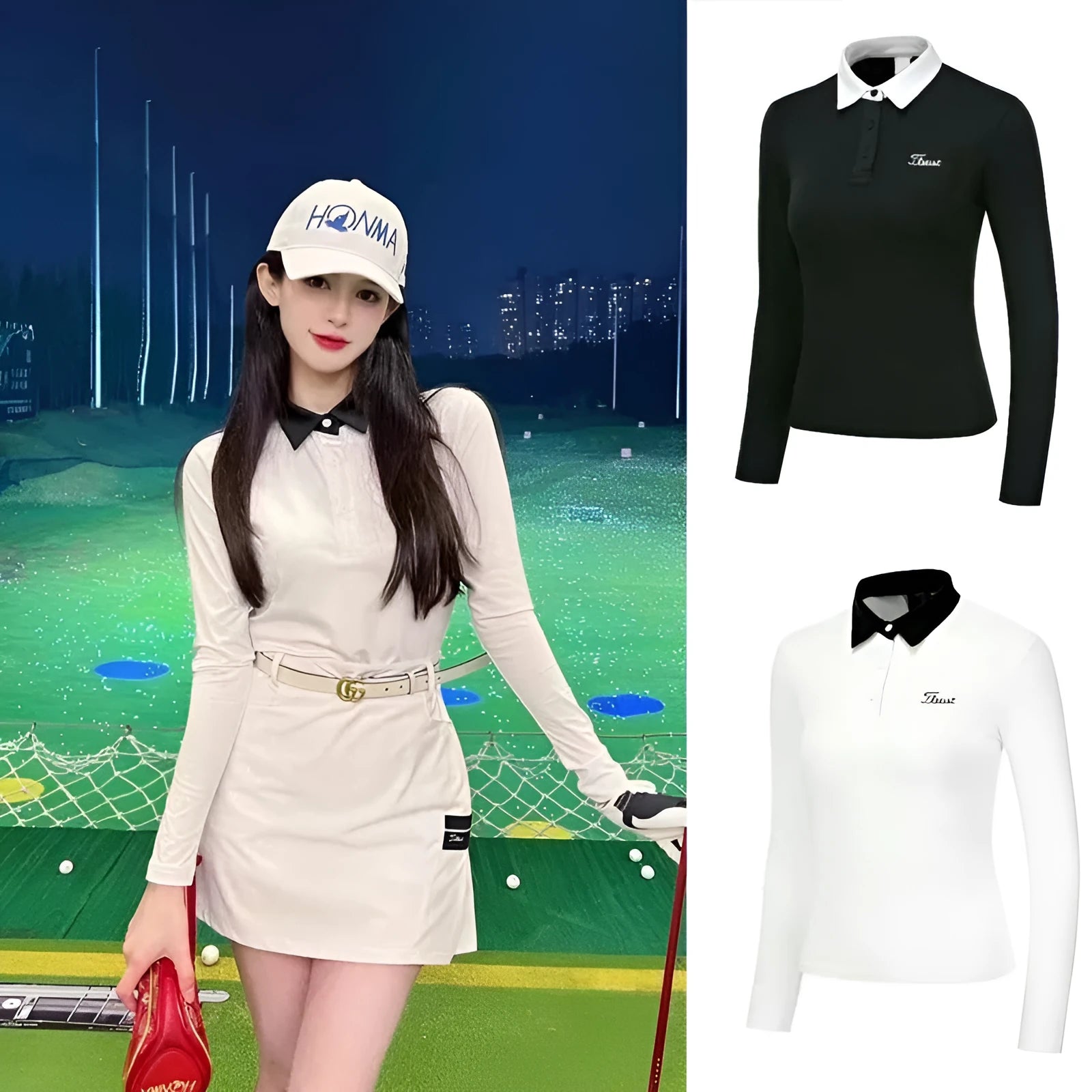 Women's long sleeve golf top in black with slim athletic fit for outdoor sports sun protection