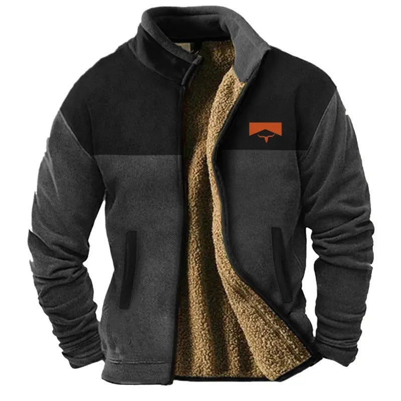 Men's blue padded fleece coat with a regular fit on a hanger.