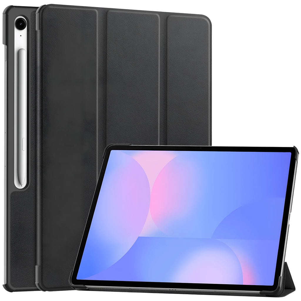 Samsung Galaxy Tab S10 FE Plus 13.1-inch leather case in tri-fold stand position, showing PC shell and fabric interior.