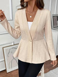 Women's apricot coloured Jacquard patterned knitted cardigan with one button front.