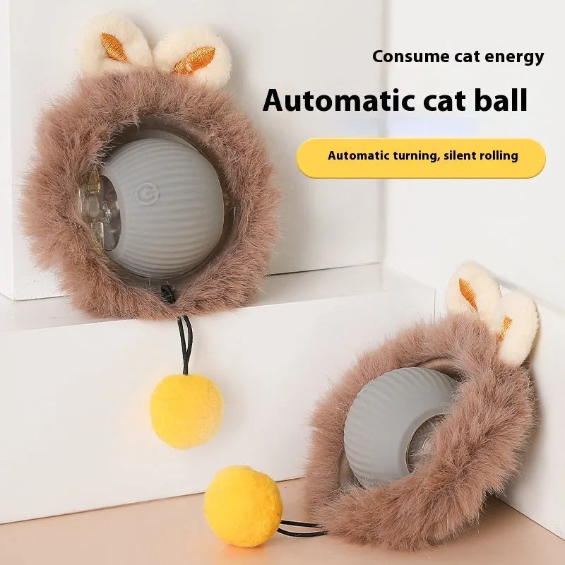 Silicone cat rolling ball toy with plush interior in red, green, and grey colour options