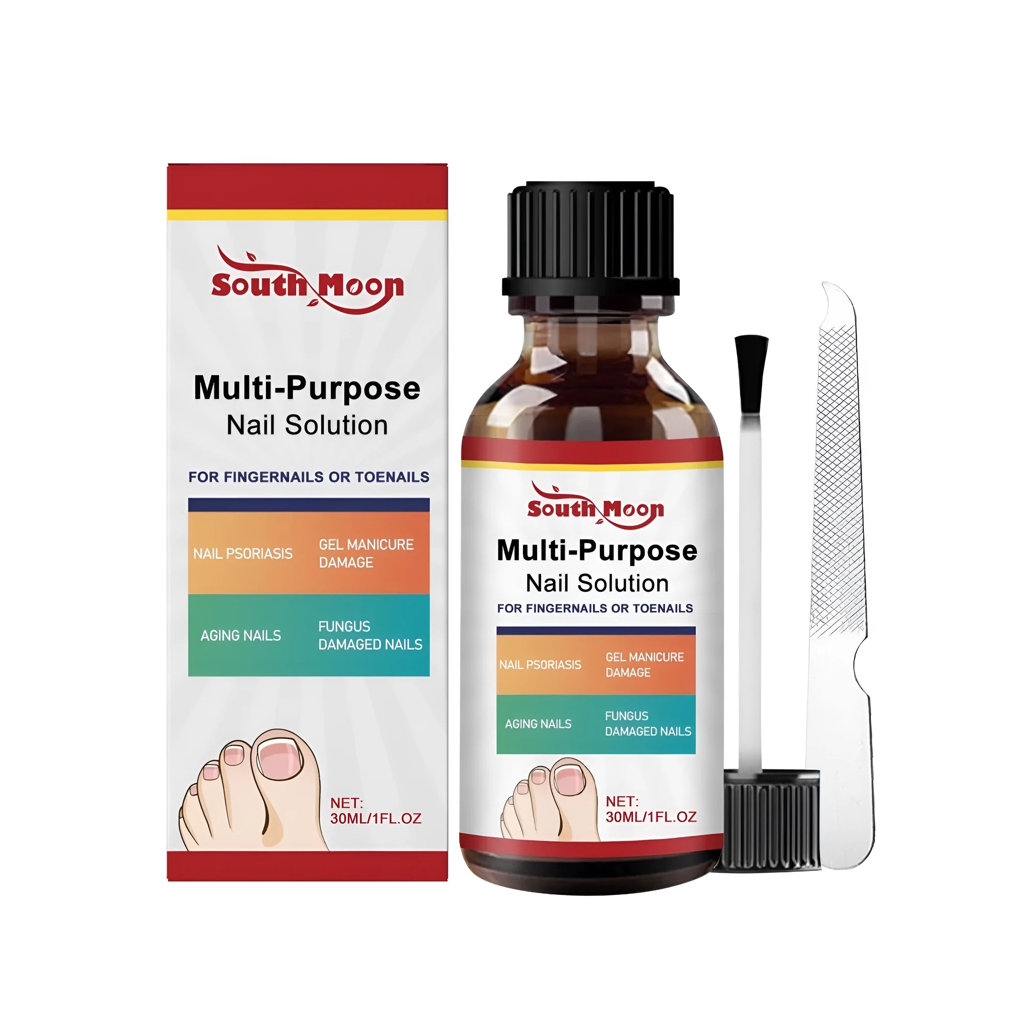 30ml bottle of nail care solution with tea tree oil and white willow bark next to a nail file