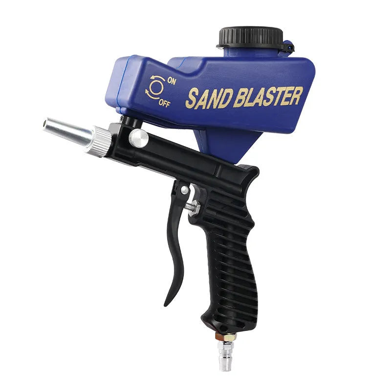 Portable pneumatic sandblasting gun with tank and 6.5mm nozzle in black or blue colours
