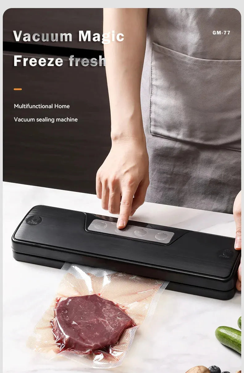 Compact black automatic vacuum sealer for household food preservation and item storage