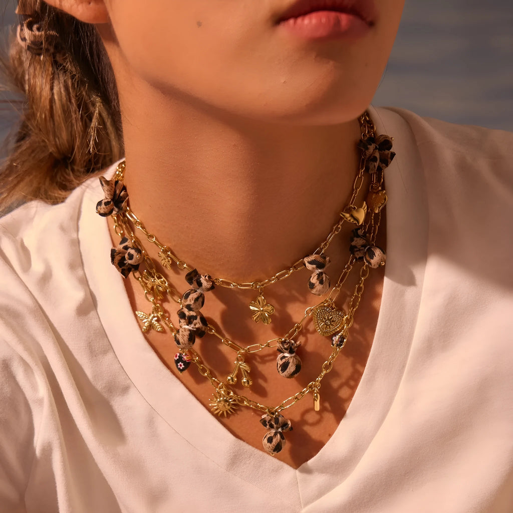 Stainless steel necklace with leopard pendant and love heart flowers design on adjustable chain