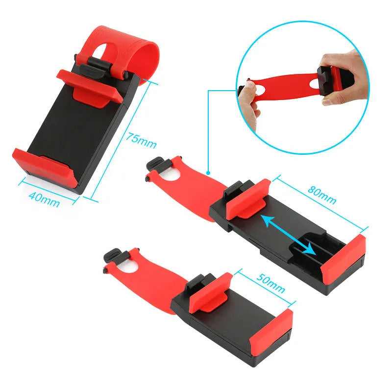 Black universal car steering wheel clip mount holder holding a mobile phone.