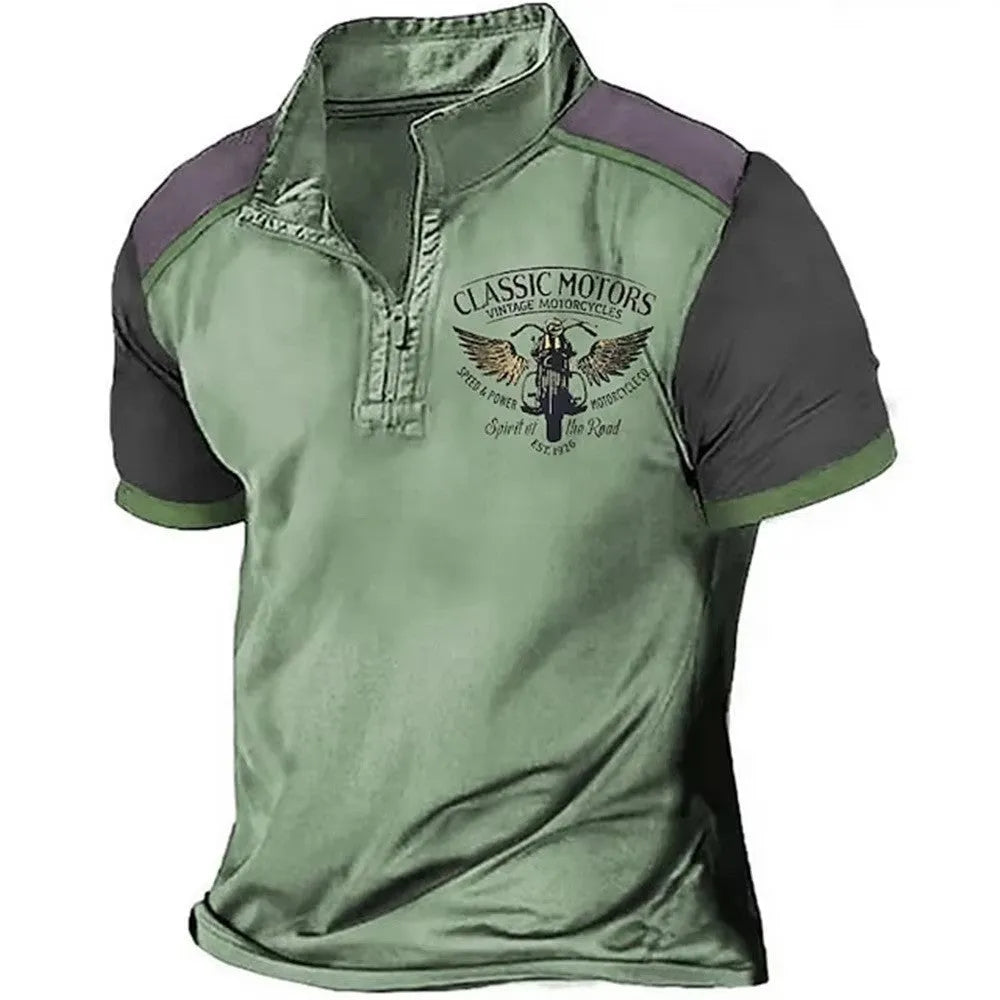 Loose fit 3D printed golf polo shirt in solid colour on a hanger.