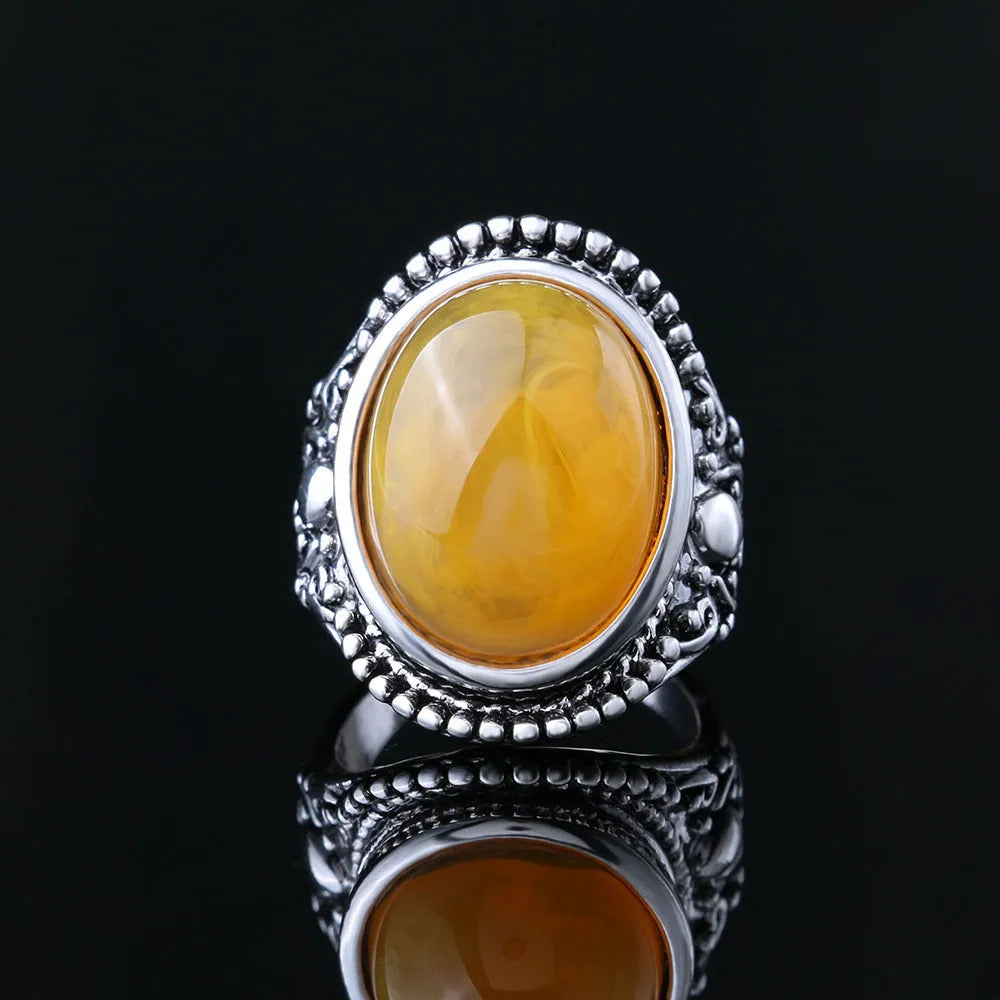 Fluorescent beeswax alloy plating ring in antique silver amber colour with geometric retro design
