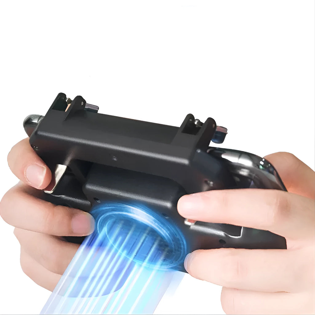 Black mobile game controller with USB cable, aluminium alloy trim, and labelled grip and shot buttons.