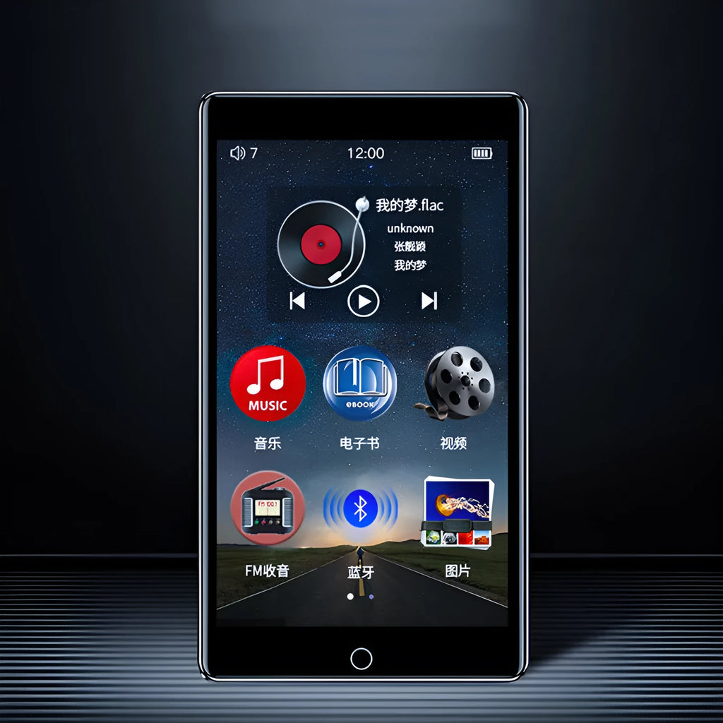Black Ruizu H1 slim MP3 MP4 player with 4-inch touch screen showing music interface