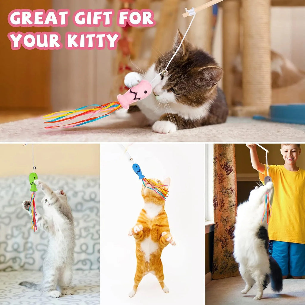 Cat wand toy with wooden handle, colourful ribbons, catnip fish and bell for interactive play with cats