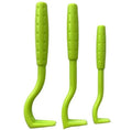 Three plastic tick removal hooks for pets in blue and green colours