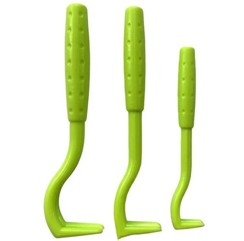 Three plastic tick removal hooks for pets in blue and green colours