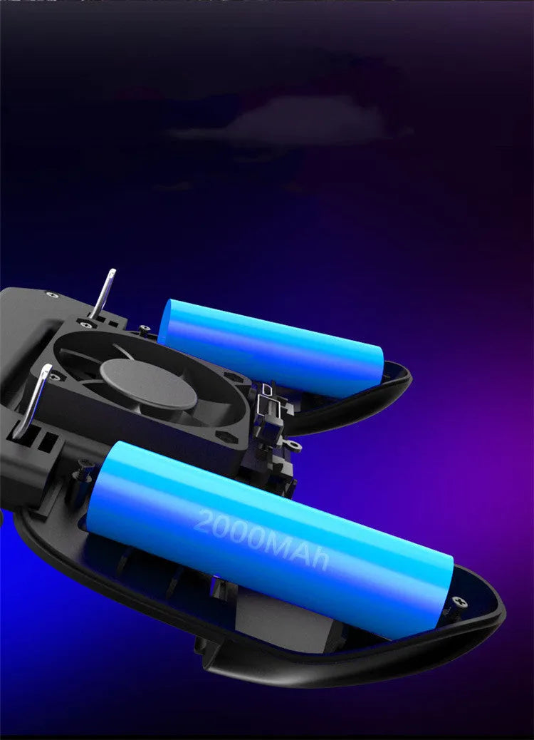 Black mobile game controller with USB cable, aluminium alloy trim, and labelled grip and shot buttons.