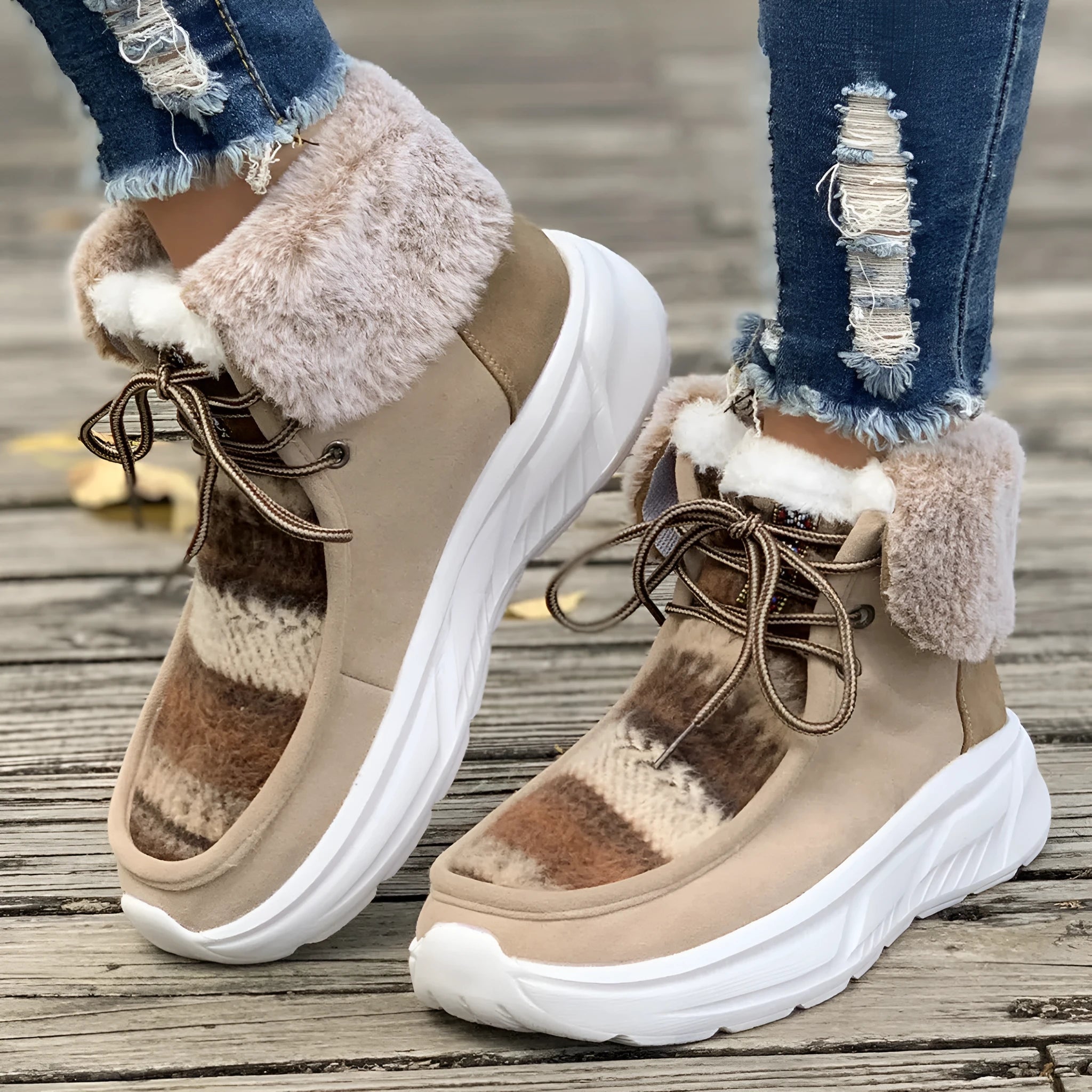 Women's beige lace-up snow boots with fuzzy lining and thick rubber sole