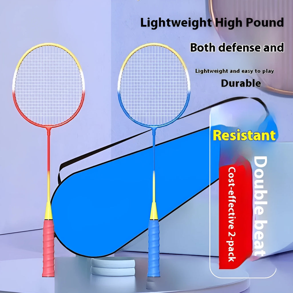 A pair of ultra-light alloy badminton rackets in blue and red colours.