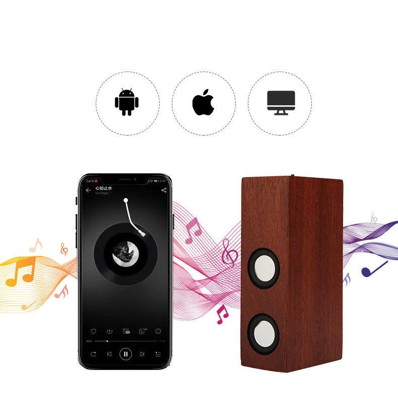 Retro wooden Bluetooth speaker showing natural wood grain in choice of bamboo, black walnut, or sapele finishes