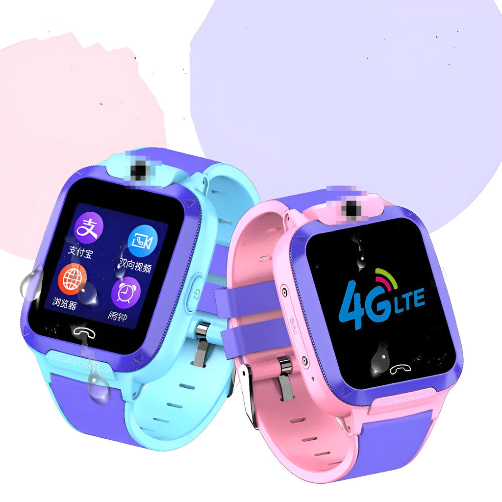 A children's smart watch with a coloured strap on a wrist, showing a 1.44-inch screen displaying a GPS map and call interface.