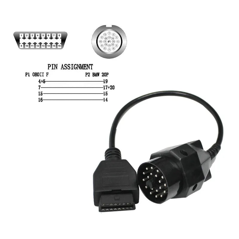 BMW OBD2 diagnostic adapter cable showing 20-pin and 16-pin OBD2 connectors