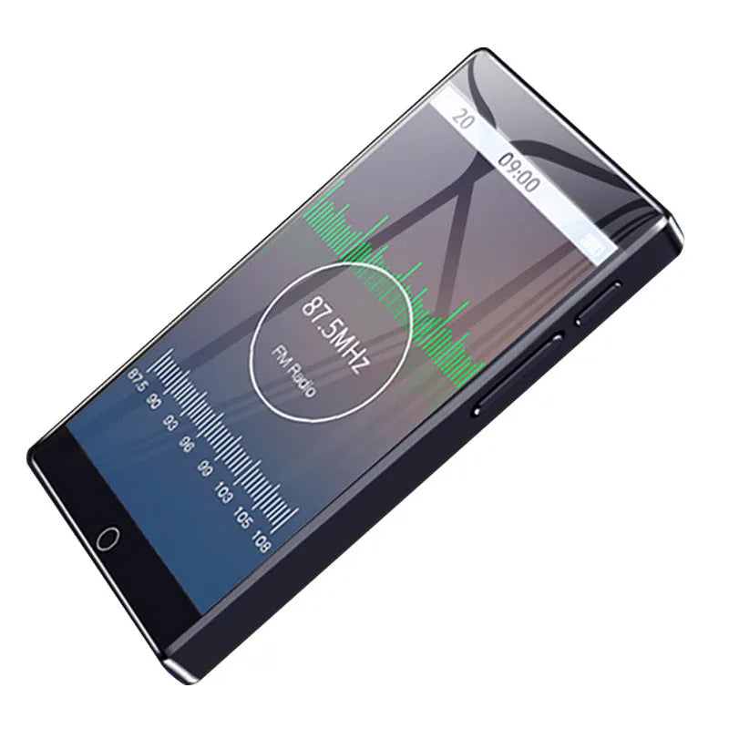 Black Ruizu H1 slim MP3 MP4 player with 4-inch touch screen showing music interface