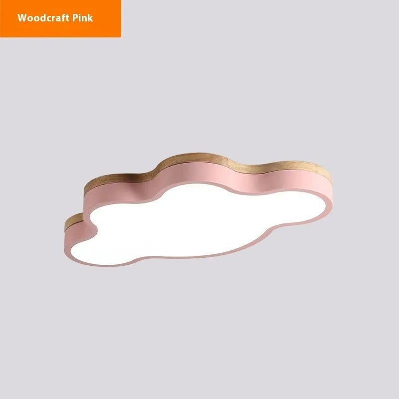 Modern cloud shaped LED ceiling light in wooden pink finish, mounted on a white ceiling.