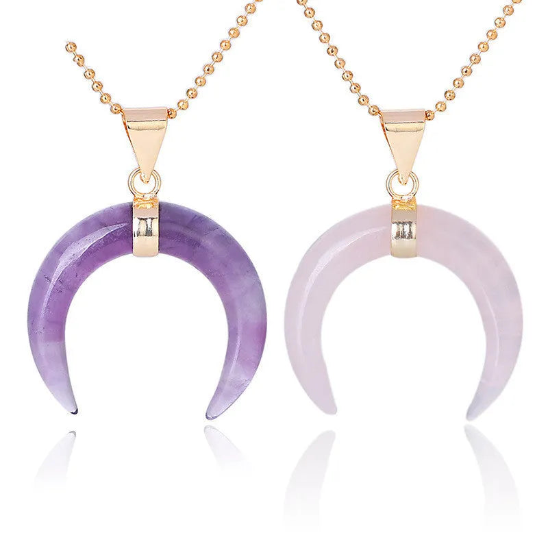 Natural stone moon pendant necklace with copper fittings on adjustable chain in pink or purple colour