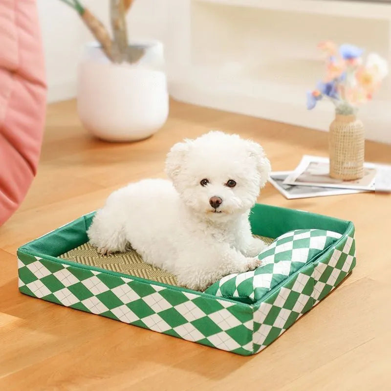 Blue woven rattan cat cooling mat with non-slip base placed on a wooden floor.